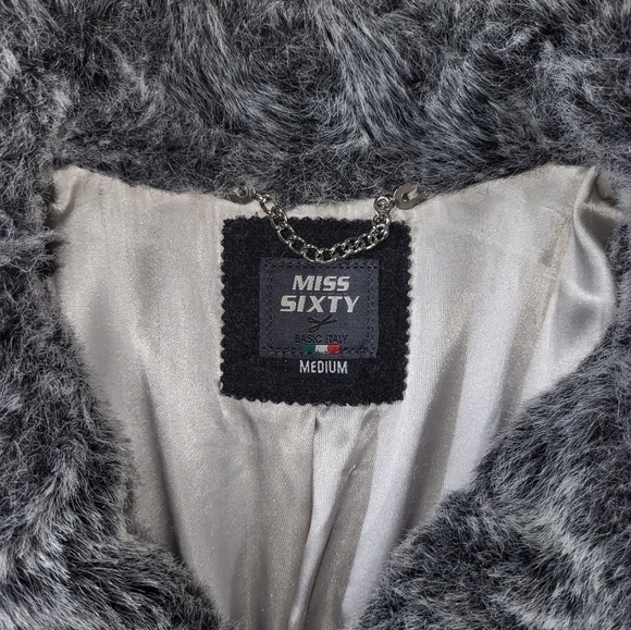 MISS SIXTY Made in Italy Fitted Faux Fur Coat Mid-Length Jacket Snap Gray Size M - Picture 5 of 16